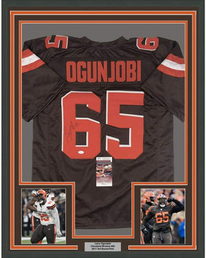 Framed Autographed/Signed Larry Ogunjobi 35x39 Cleveland Football Brown Jersey JSA COA