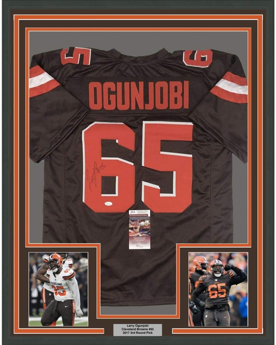Framed Autographed/Signed Larry Ogunjobi 35x39 Cleveland Football Brown Jersey JSA COA