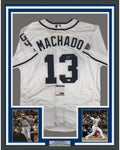 Framed Autographed/Signed Manny Machado 35x39 San Diego White Baseball Jersey PSA/DNA COA