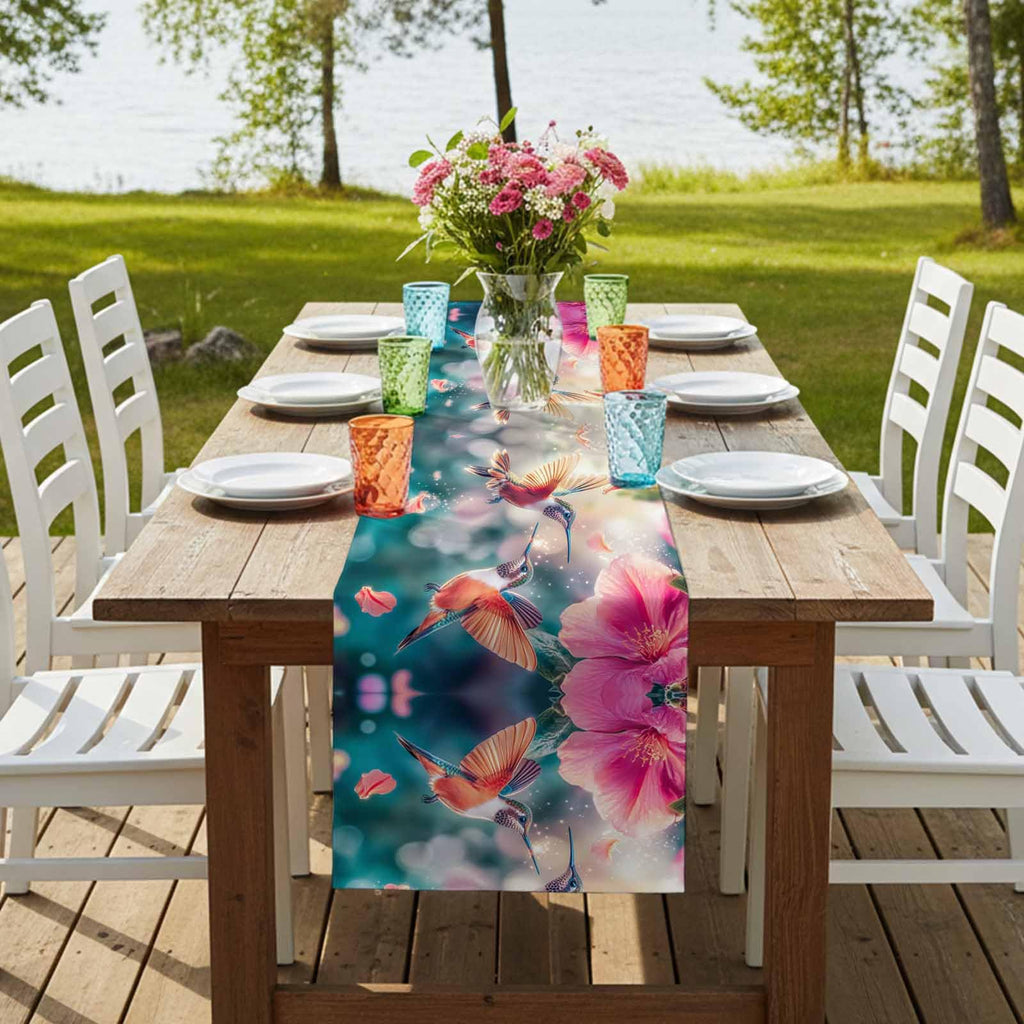 Perdecor Spring Hummingbird Pink Petals Table Runner 13x70in Cotton Linen