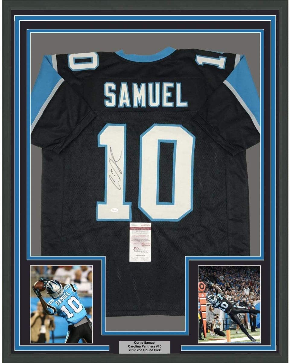 Framed Autographed/Signed Curtis Samuel 35x39 Carolina Black Football Jersey JSA COA