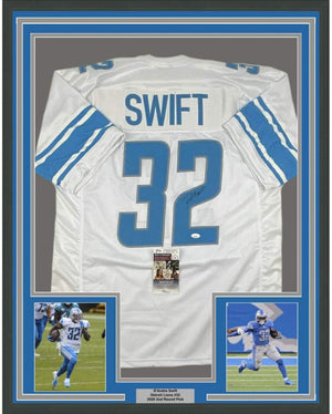 Framed Autographed/Signed D'Andre Swift 35x39 Detroit White Football Jersey JSA COA