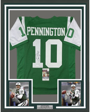 Framed Autographed/Signed Chad Pennington 35x39 New York Green Football Jersey JSA COA