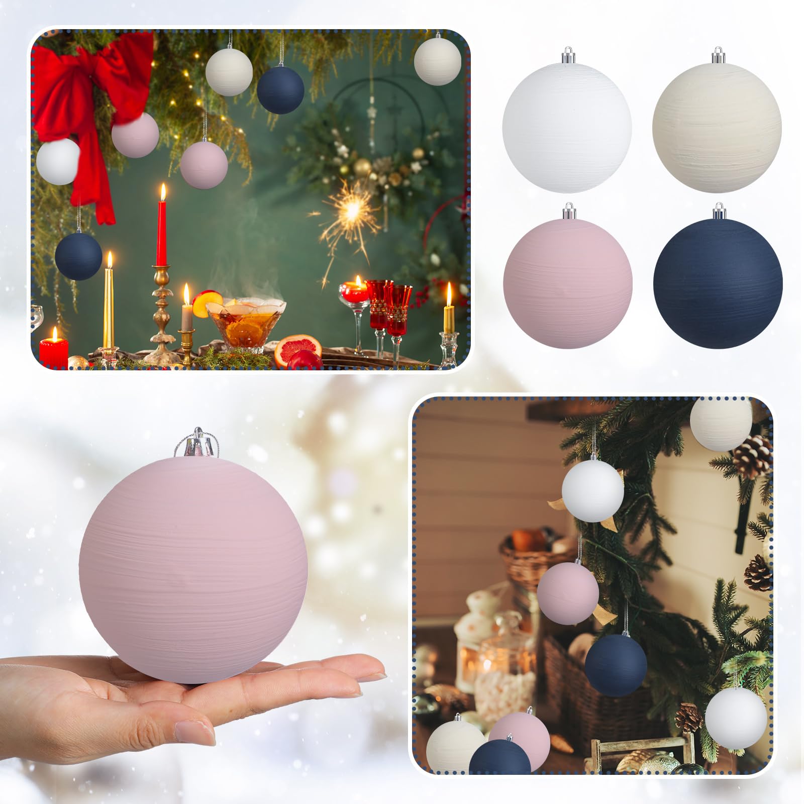 MiniInflat 12 Pc 4Inch Neutral Textured Christmas Ball Ornaments Cream Blue Pink