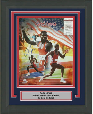 Framed Autographed/Signed Carl Lewis Track USA Olympics 9x Gold Medalist 16x20 Photo JSA COA