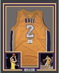 Framed Autographed/Signed Lonzo Ball 35x39 Los Angeles Yellow Basketball Jersey Beckett BAS COA
