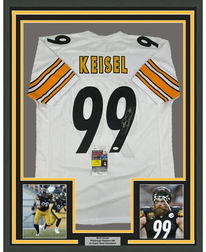 Framed Autographed/Signed Brett Keisel 35x39 Pittsburgh White Football Jersey JSA COA