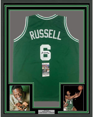 Framed Autographed/Signed Bill Russell 35x39 Boston Green Basketball Jersey JSA COA