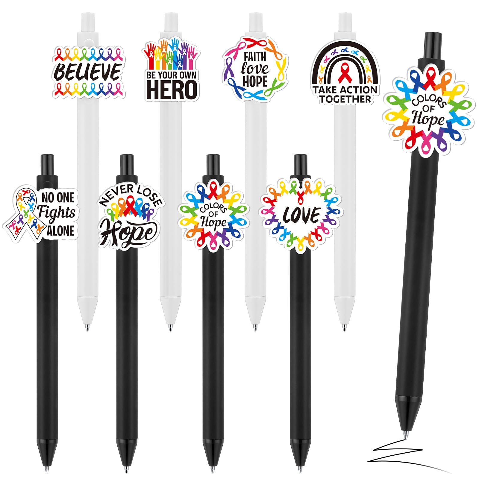 Epakh 24 Pcs Cancer Awareness Ribbon Ballpoint Pens Black Ink White Black
