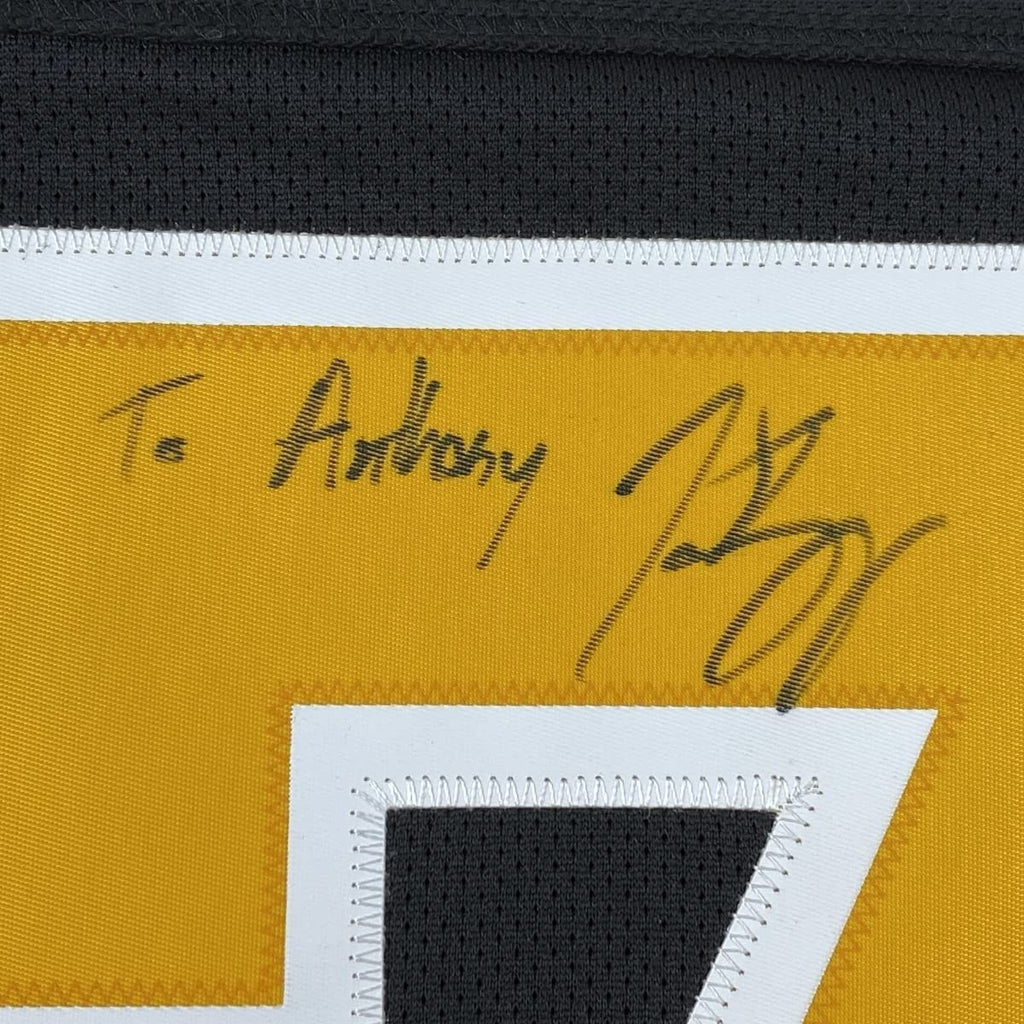 Framed Autographed/Signed Patrice 35x39 Bergeron Personalized To Anthony Boston Bruins Black Hockey Jersey JSA COA