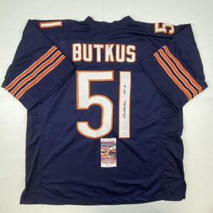 Autographed/Signed Dick Butkus HOF 79 Chicago Blue Football Jersey JSA COA