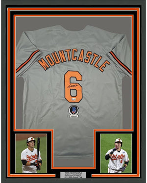 Framed Autographed/Signed Ryan Mountcastle 35x39 Baltimore Grey Baseball Jersey Beckett BAS COA