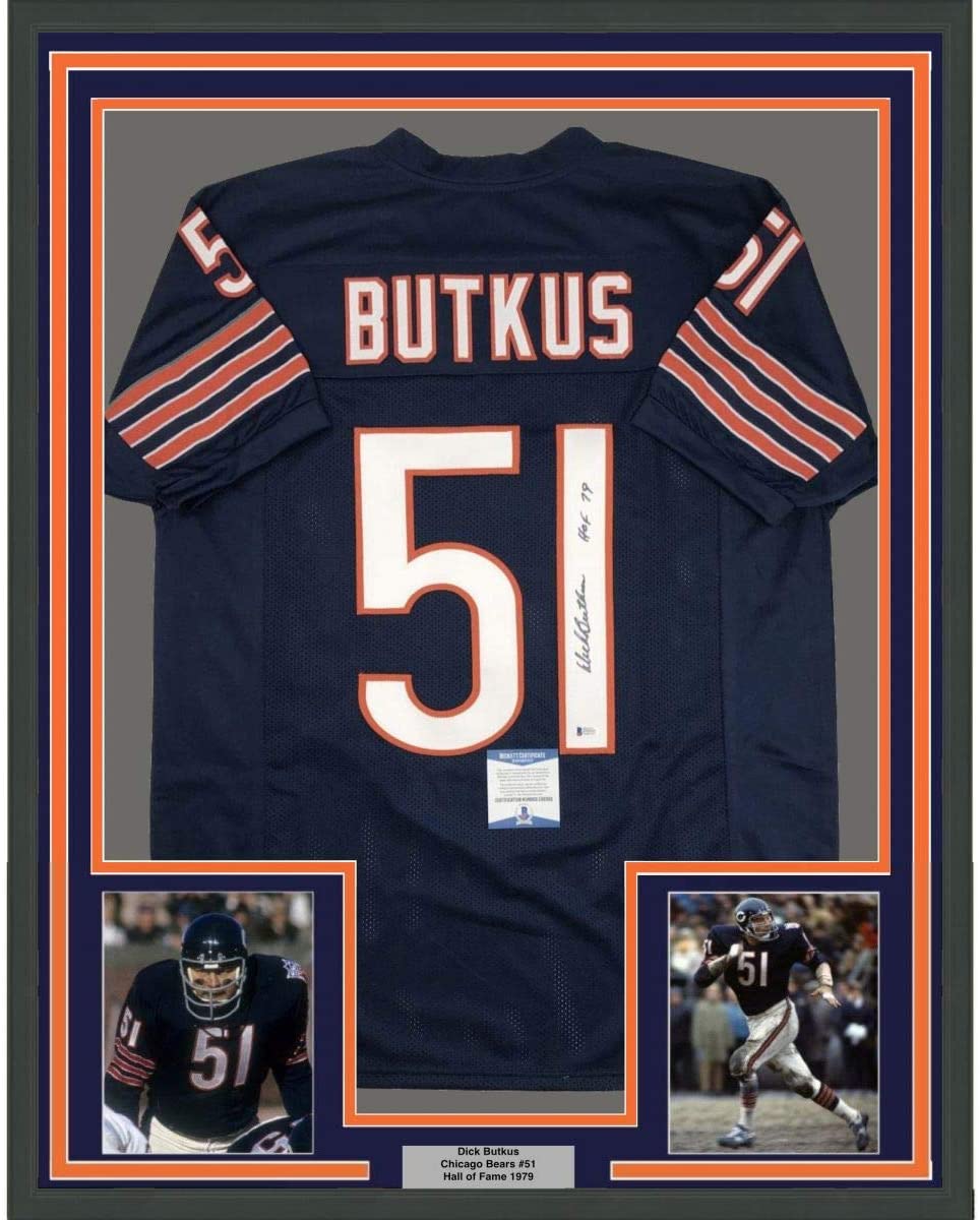 Framed Autographed/Signed Dick Butkus HOF 79 35x39 Chicago Blue Football Jersey Beckett BAS COA