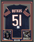 Framed Autographed/Signed Dick Butkus HOF 79 35x39 Chicago Blue Football Jersey Beckett BAS COA
