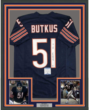 Framed Autographed/Signed Dick Butkus HOF 79 35x39 Chicago Blue Football Jersey Beckett BAS COA