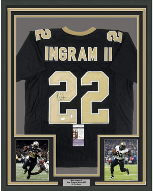 Framed Autographed/Signed Mark Ingram II 35x39 New Orleans Black Football Jersey JSA COA