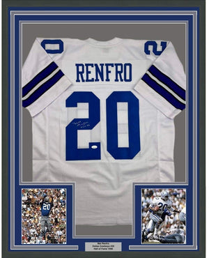 Framed Autographed/Signed Mel Renfro HOF 96 35x39 Dallas White Football Jersey JSA COA