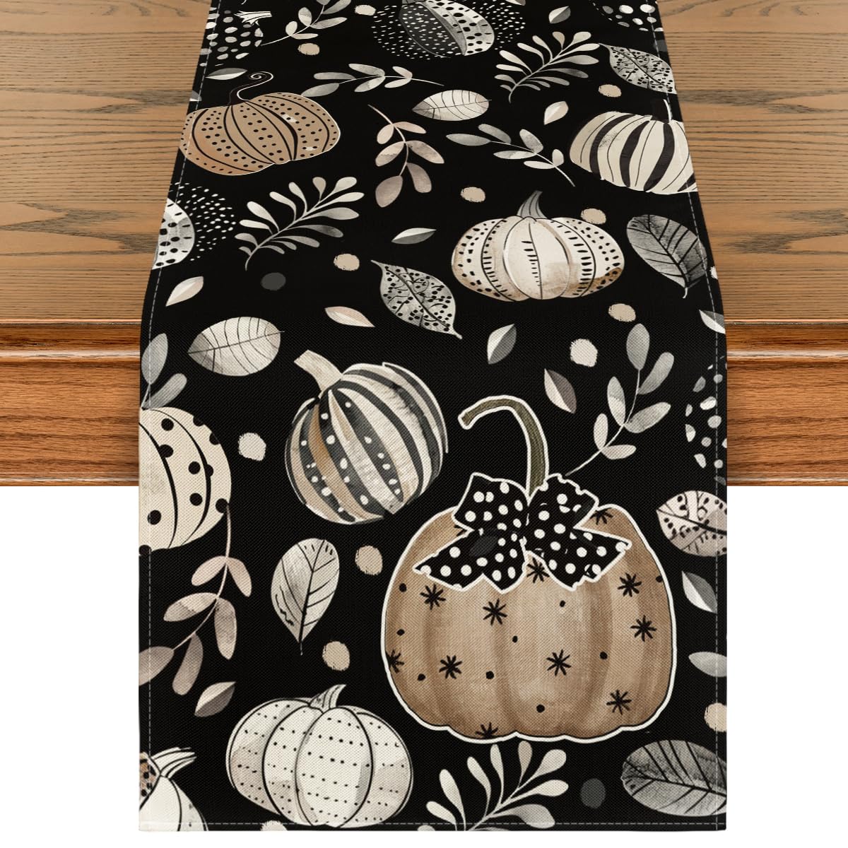 Artoid Mode Harvest Pumpkin Darkness Floral Table Runner Black 13x90 Inch