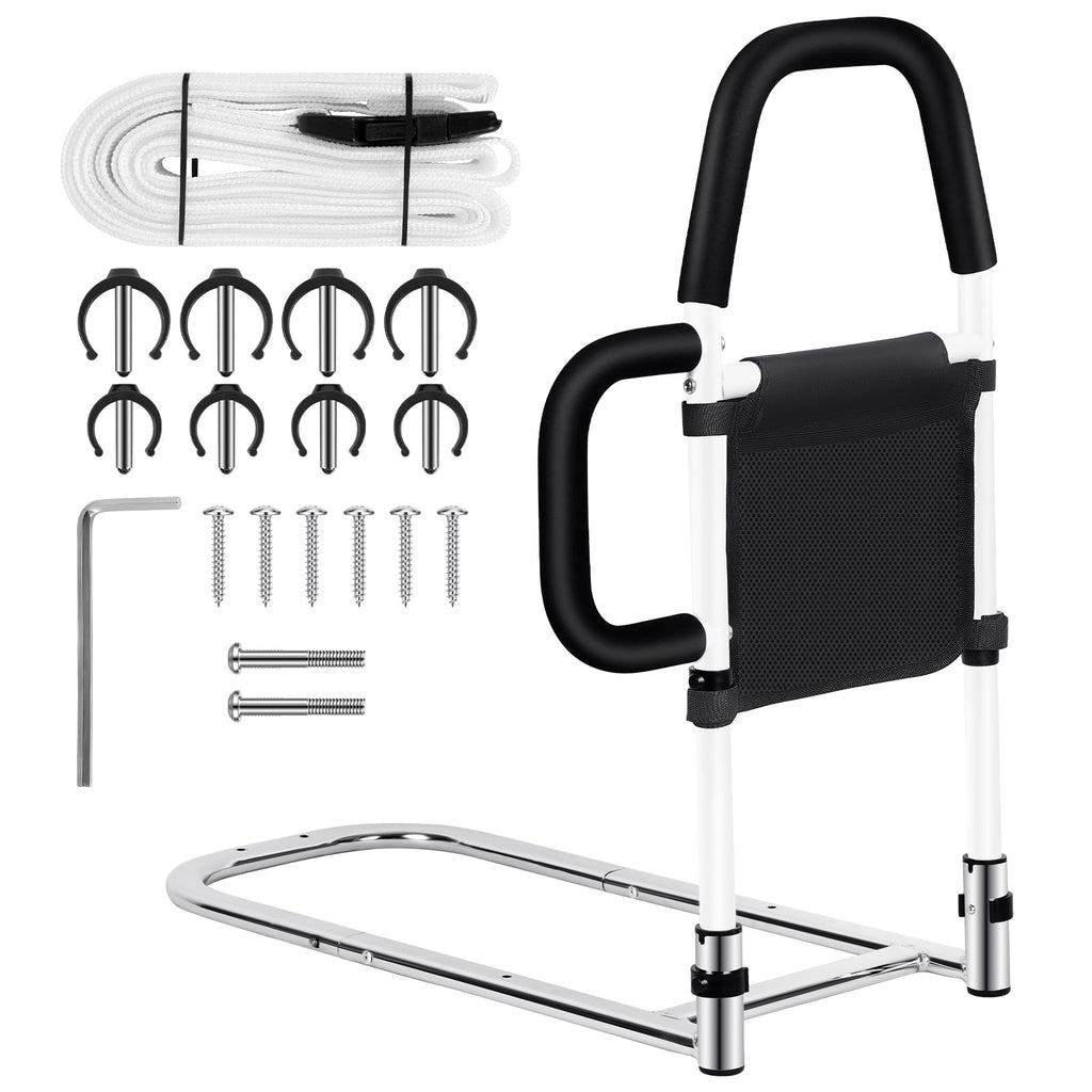 Okvpajdo Adjustable Bed Rail with 2Grab Bars Safety Guard Black White King Queen