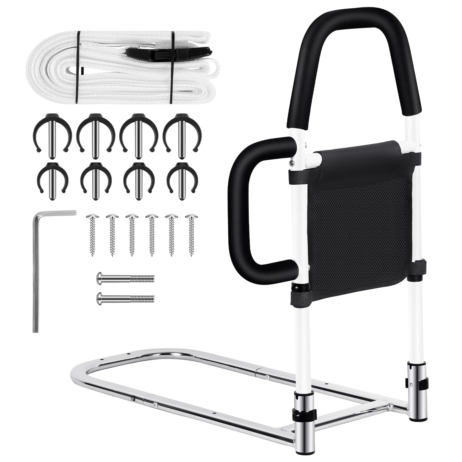 Okvpajdo Adjustable Bed Rail with 2Grab Bars Safety Guard Black White King Queen