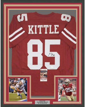 Framed Autographed/Signed George Kittle 35x39 San Francisco Red Football Jersey JSA COA