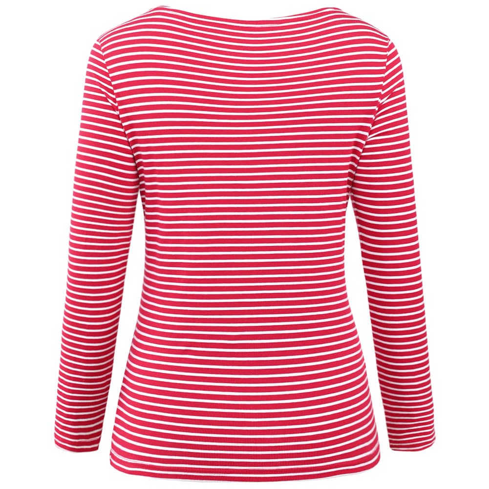 LilyCoco Womens Striped Long Sleeve Boat Neck Shirt Red Size M