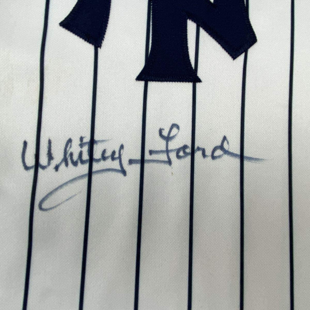 Framed Autographed/Signed Whitey Ford 35x39 New York Pinstripe Baseball Jersey PSA/DNA COA