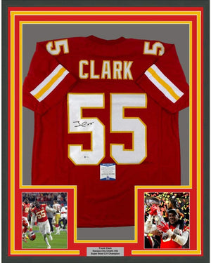 Framed Autographed/Signed Frank Clark 35x39 Kansas City Red Football Jersey PSA/DNA COA