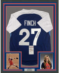 Framed Autographed/Signed Jennie Finch USA 35x39 Blue Team United States Softball Jersey JSA COA