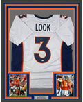 Framed Autographed/Signed Drew Lock Denver White Football Jersey Beckett BAS COA
