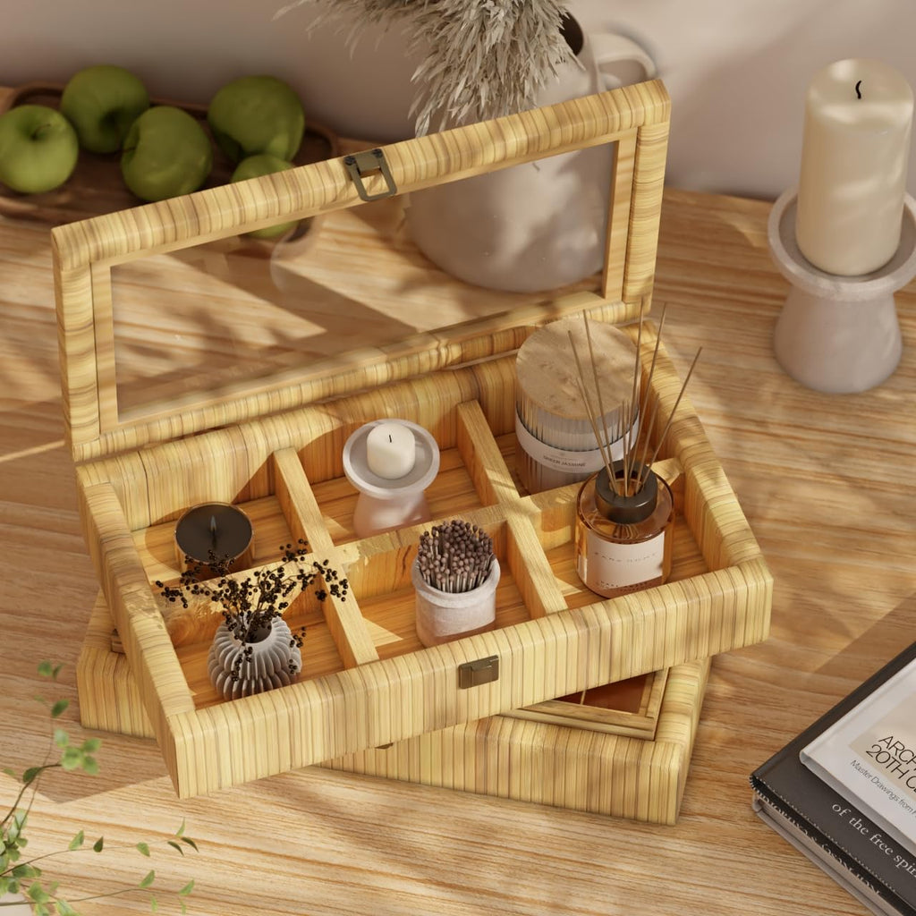 Fllamo Rattan Storage Box with Lid 6 Compartments Brown 11.8x7.8x3in