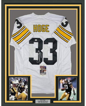 Framed Autographed/Signed Merril Hoge 35x39 Pittsburgh White Football Jersey JSA COA