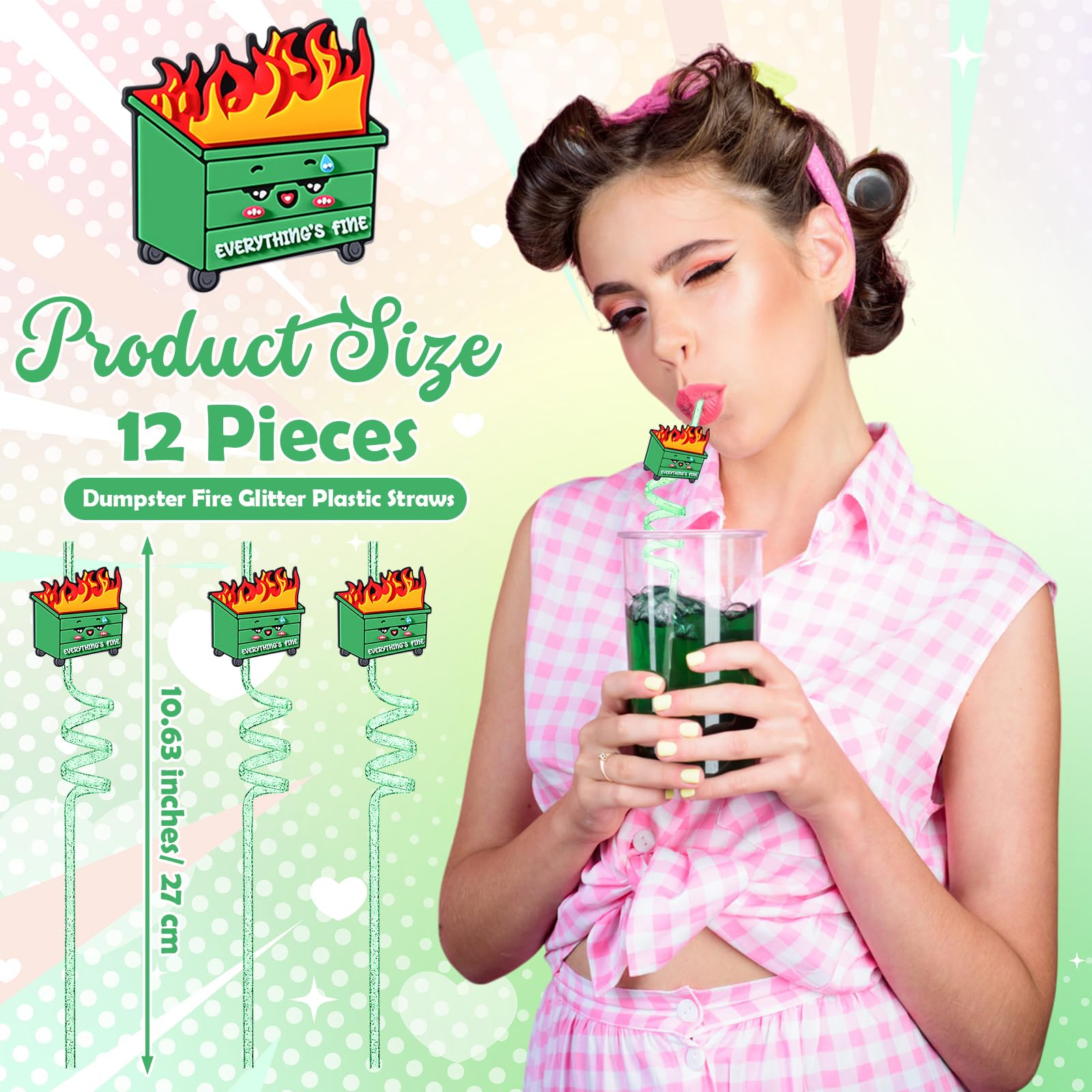 Potchen 12 Pcs Green Glitter Spiral Reusable Plastic Drinking Straws
