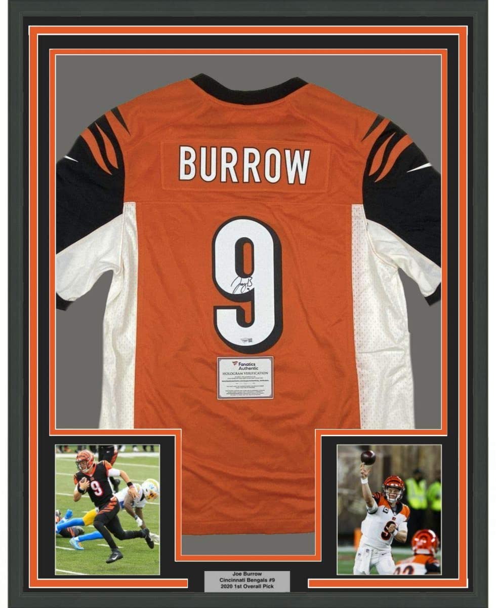 Framed Autographed/Signed Joe Burrow 35x39 Cincinnati Bengals Orange Authentic Nike Game Football Jersey Fanatics COA