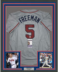 Framed Autographed/Signed Freddie Freeman 35x39 Atlanta Grey Baseball Jersey JSA COA
