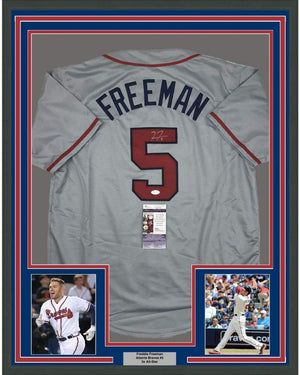 Framed Autographed/Signed Freddie Freeman 35x39 Atlanta Grey Baseball Jersey JSA COA