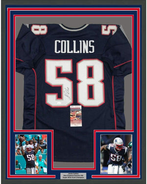 Framed Autographed/Signed Jamie Collins 35x39 New England Blue Football Jersey JSA COA