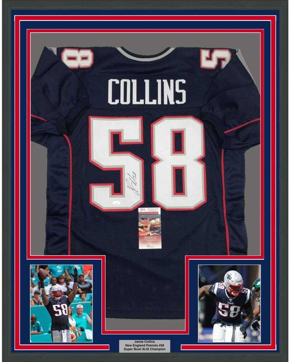 Framed Autographed/Signed Jamie Collins 35x39 New England Blue Football Jersey JSA COA