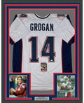 Framed Autographed/Signed Steve Grogan 35x39 New England White Modern Football Jersey JSA COA