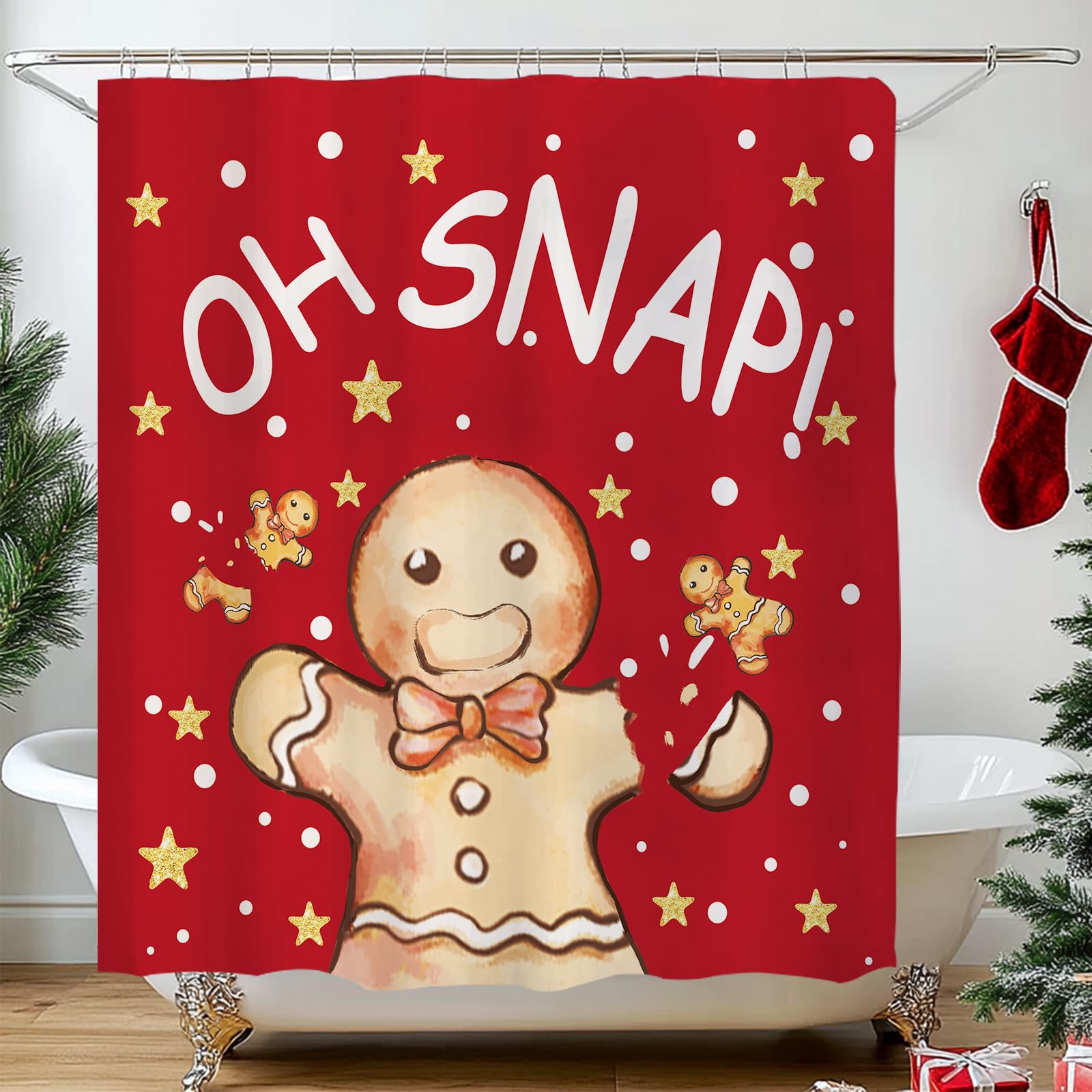 QIONG MENG Gingerbread Christmas Shower Curtain Fabric 71x71 Inch with Hooks