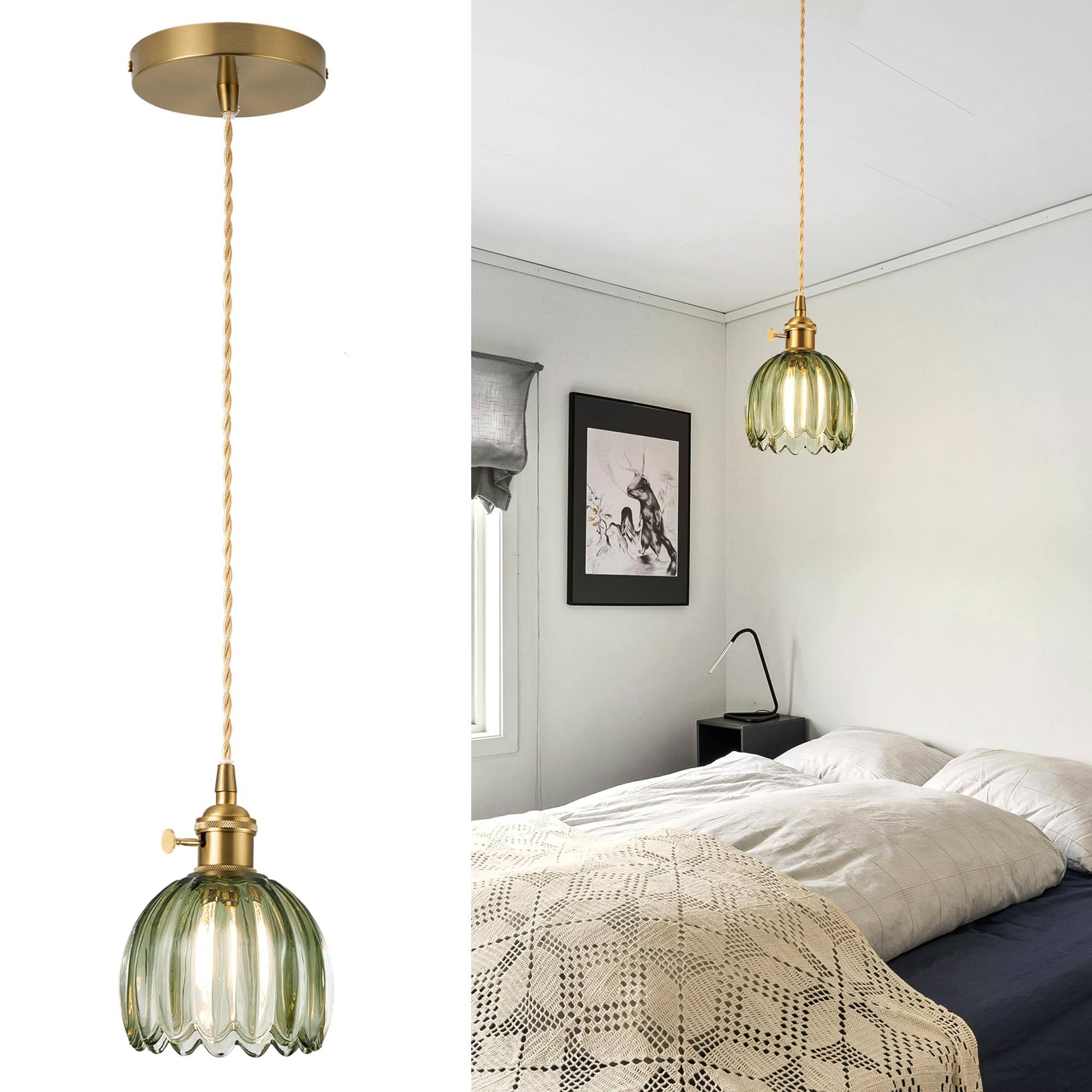 puncoll Vintage Small Pendant Light Green Glass Kitchen Island H2509-GR