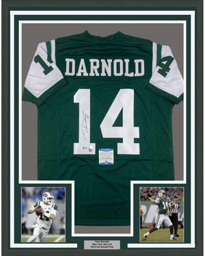 Framed Autographed/Signed Sam Darnold 35x39 New York Green Rookie Football Jersey Beckett BAS COA