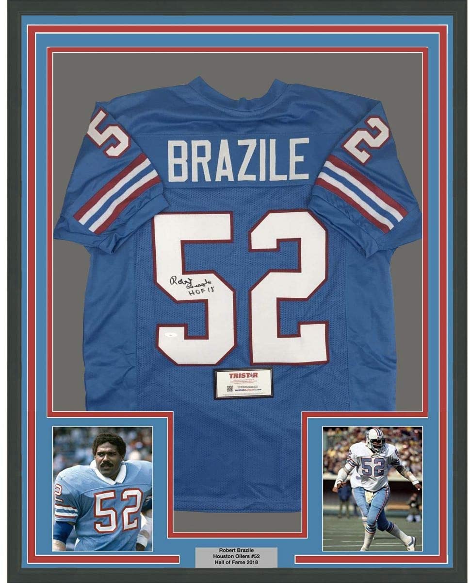 Framed Autographed/Signed Robert Brazile HOF 18 35x39 Houston Blue Football Jersey Tristar COA
