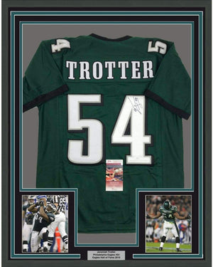 Framed Autographed/Signed Jeremiah Trotter 35x39 Philadelphia Green Football Jersey JSA COA
