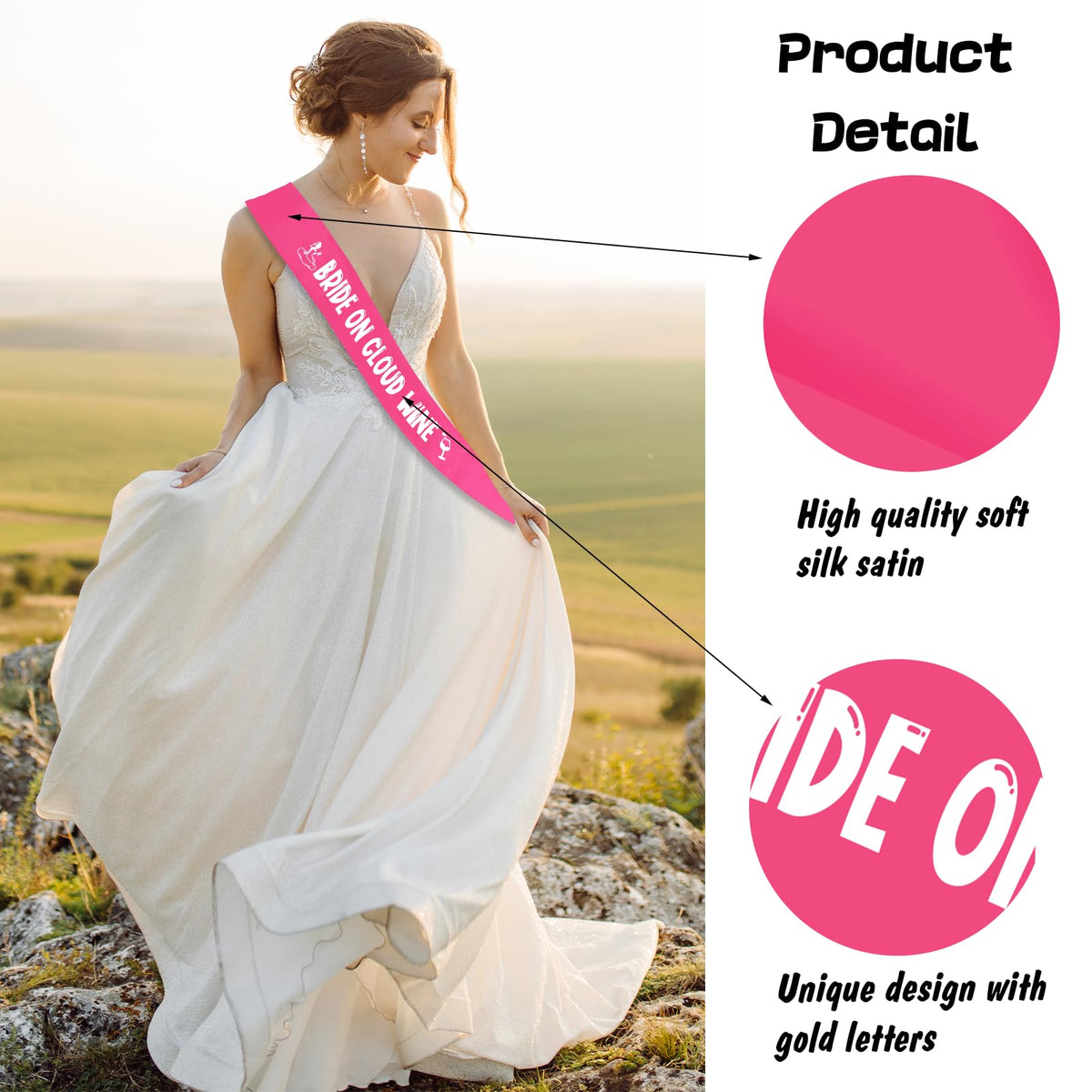 Bride on Cloud Wine Sash, Hot Pink Bride to Be Sash Bachelorette for Bridal Shower Wine Theme Bachelorette Party Wedding Hen Party Decorations Engagement Gifts Jokes and Favors(Hot Pink + White)