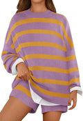 MEROKEETY Women's 2 Piece Sweater Set Striped Long Sleeve Shorts Purple Size S