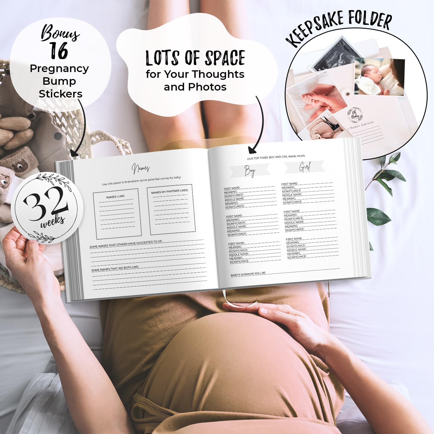 LUMOSX Pregnancy Journal Memory Book Baby Bump Stickers Beige Gender Neutral