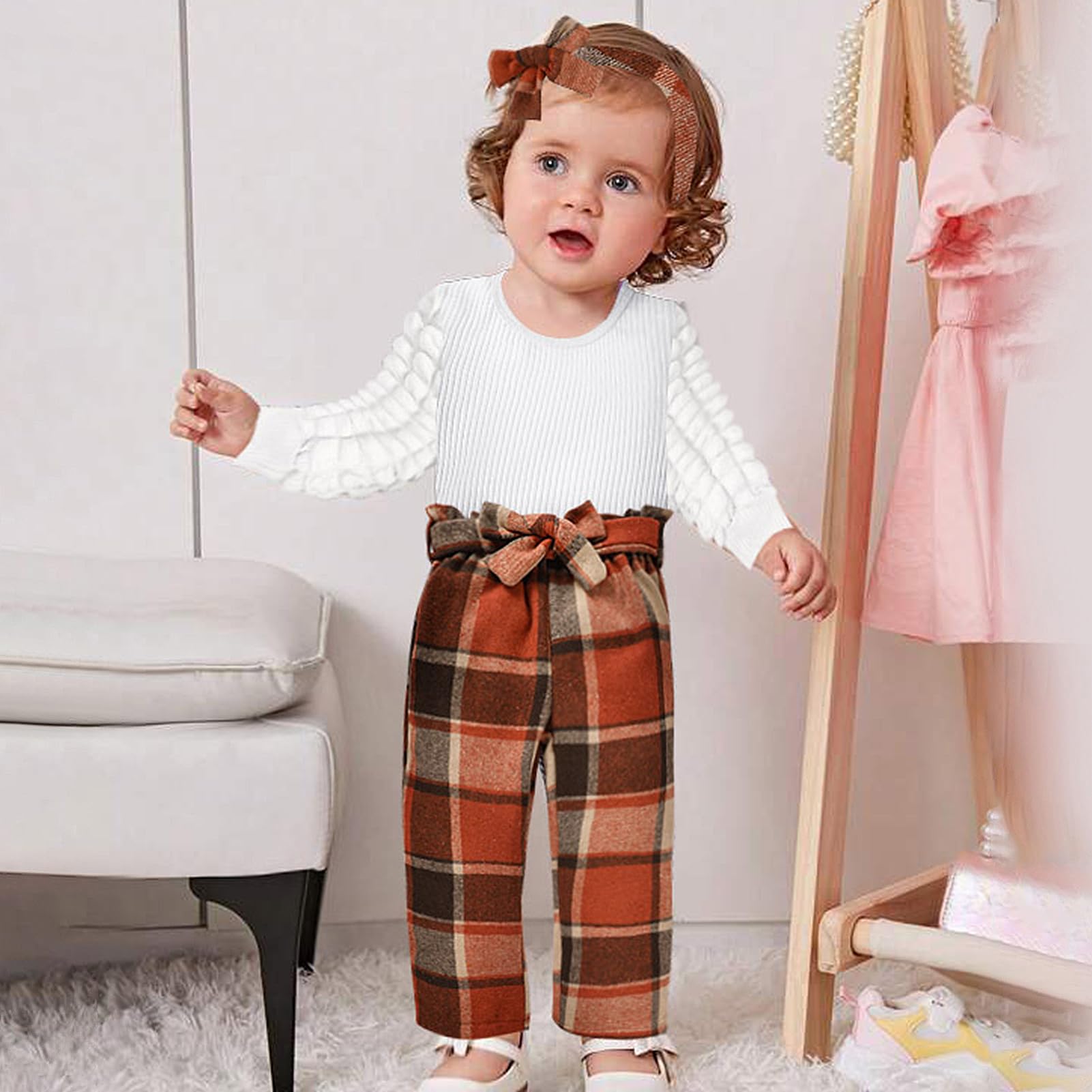 TITKKOP Toddler Baby Girl Ribbed Top Plaid Pants Belt Set Orange Grid Size 4-5T