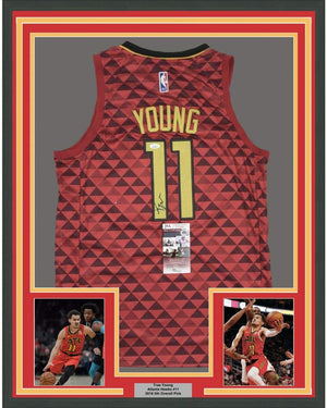 Framed Autographed/Signed Trae Young 35x39 Atlanta Red Basketball Jersey JSA COA