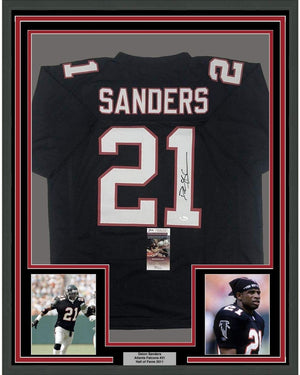 Framed Autographed/Signed Deion Sanders 35x39 Atlanta Black Football Jersey JSA COA